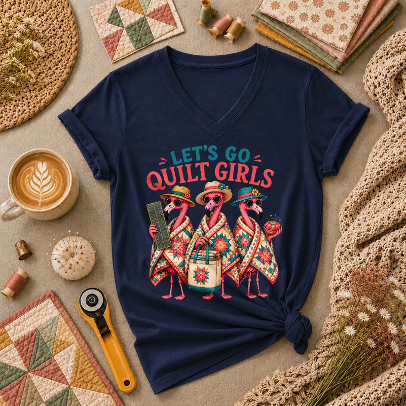Lets Go Quilt Girls Flamingo Sisters Women's V-Neck - Navy