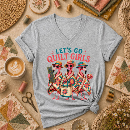 Lets Go Quilt Girls Flamingo Sisters Women's V-Neck - Sport Grey