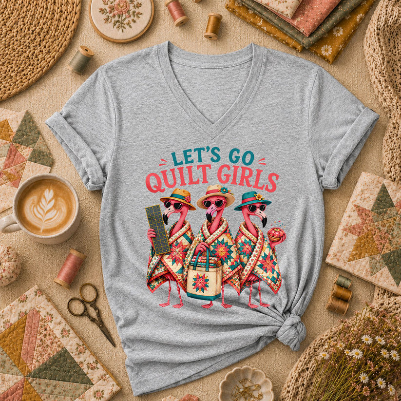 Lets Go Quilt Girls Flamingo Sisters Women's V-Neck - Sport Grey