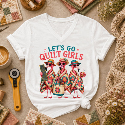 Lets Go Quilt Girls Flamingo Sisters Women's V-Neck - White