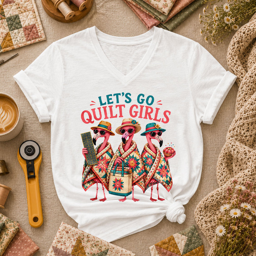 Lets Go Quilt Girls Flamingo Sisters Women's V-Neck - White