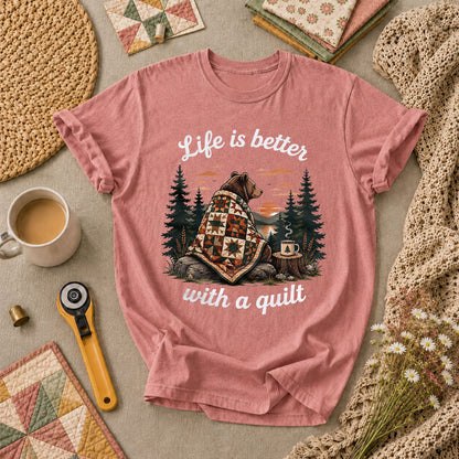 Life Is Better With A Quilt Bear Forest T-Shirt - Heather Mauve