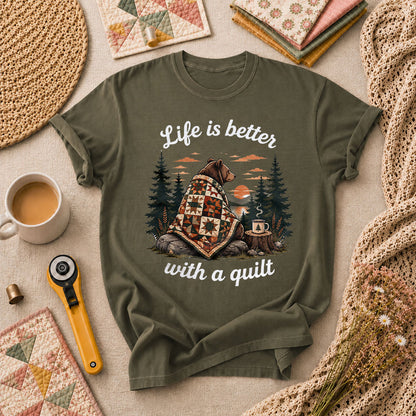 Life Is Better With A Quilt Bear Forest T-Shirt - Military Green