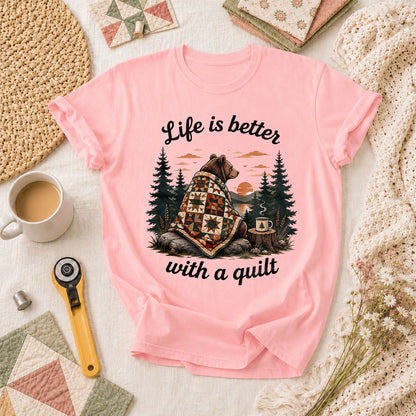 Life Is Better With A Quilt Bear Forest T-Shirt - Pink
