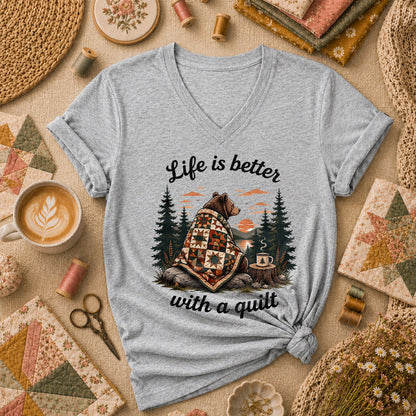 Life Is Better With A Quilt Bear Forest Women's V-Neck - Athletic Heather