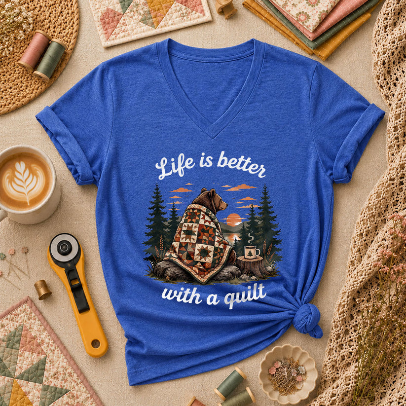 Life Is Better With A Quilt Bear Forest Women's V-Neck - Heather True Royal