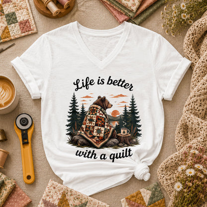 Life Is Better With A Quilt Bear Forest Women's V-Neck - White