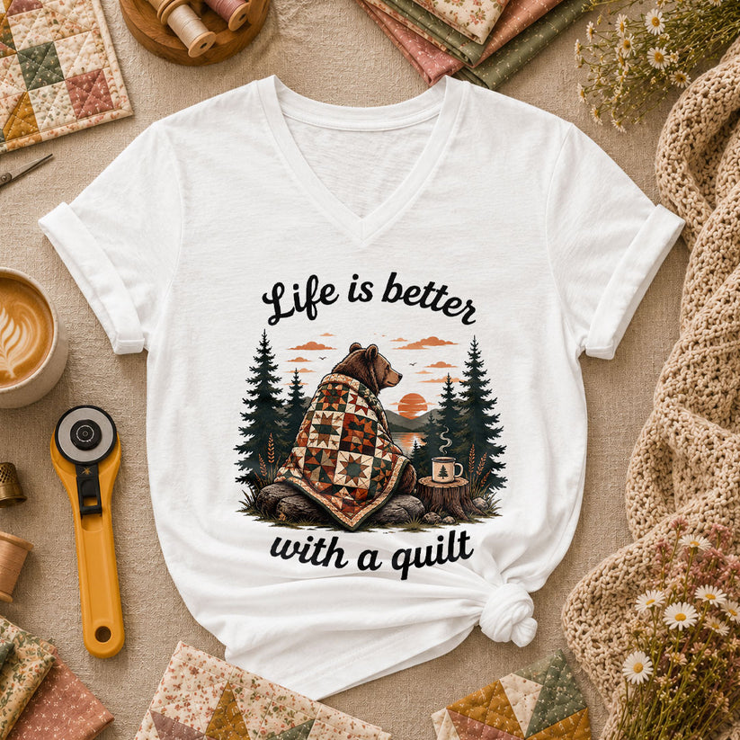 Life Is Better With A Quilt Bear Forest Women's V-Neck - White