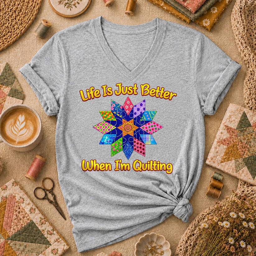 Life Is Just Better When Im Quilting Cottage Women's V-Neck - Athletic Heather