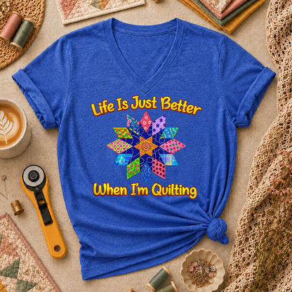 Life Is Just Better When Im Quilting Cottage Women's V-Neck - Heather True Royal