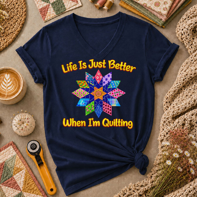 Life Is Just Better When Im Quilting Cottage Women's V-Neck - Navy