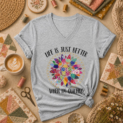 Life Is Just Better When Im Quilting Women's V-Neck - Athletic Heather