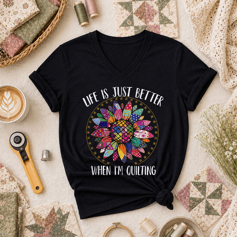 Life Is Just Better When Im Quilting Women's V-Neck - Black
