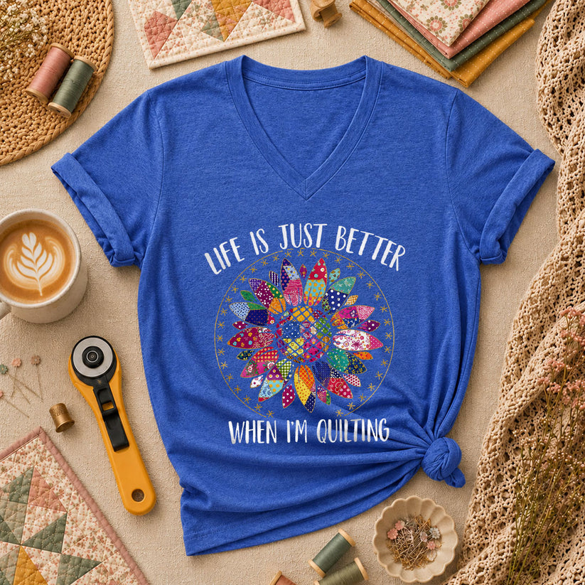Life Is Just Better When Im Quilting Women's V-Neck - Heather True Royal