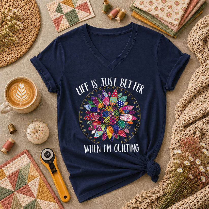 Life Is Just Better When Im Quilting Women's V-Neck - Navy