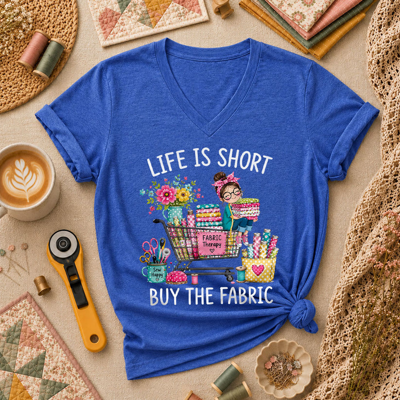 Life Is Short Buy The Fabric Sewing Cart Women's V-Neck - Heather True Royal