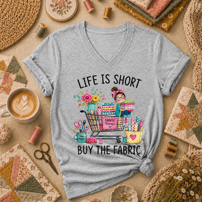 Life Is Short Buy The Fabric Sewing Cart Women's V-Neck - Sport Grey