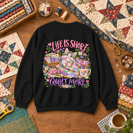 Life Is Short Quilt More Cat Kitten Sweatshirt - Black