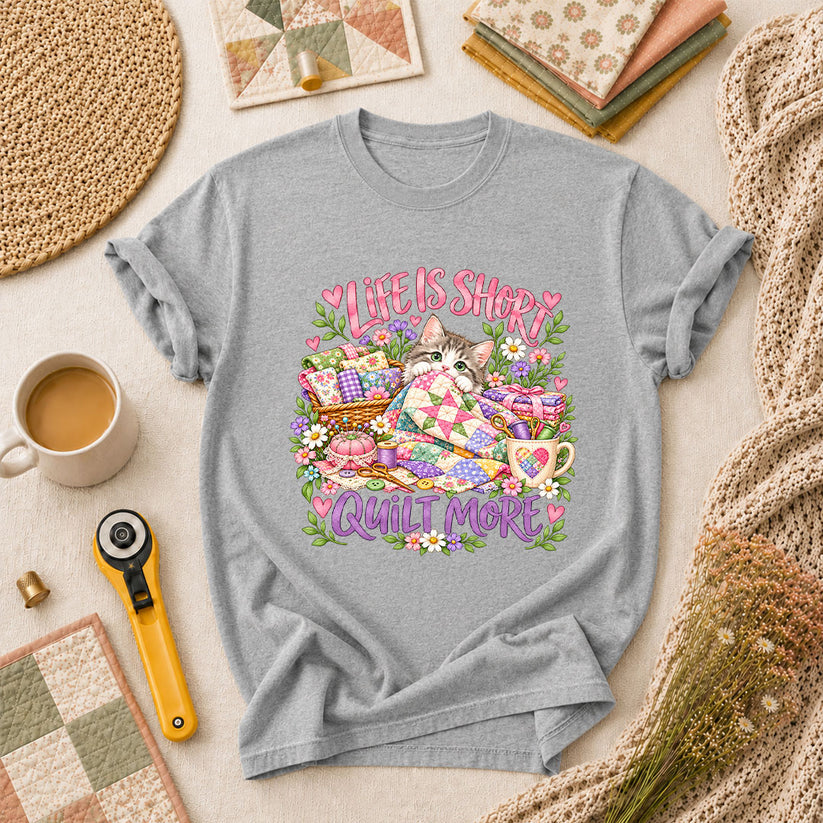 Life Is Short Quilt More Cat Kitten T-Shirt - Athletic Heather
