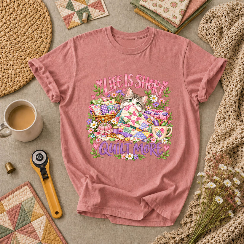 Life Is Short Quilt More Cat Kitten T-Shirt - Heather Mauve