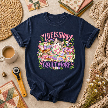 Life Is Short Quilt More Cat Kitten T-Shirt - Navy