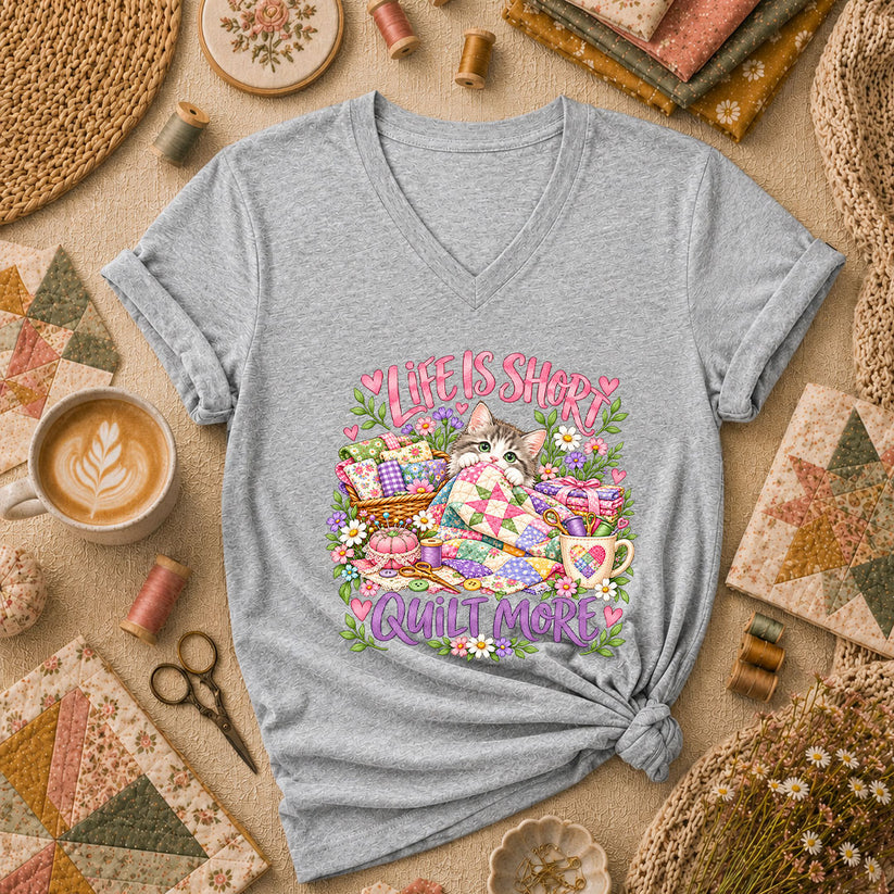 Life Is Short Quilt More Cat Kitten Women's V-Neck - Athletic Heather