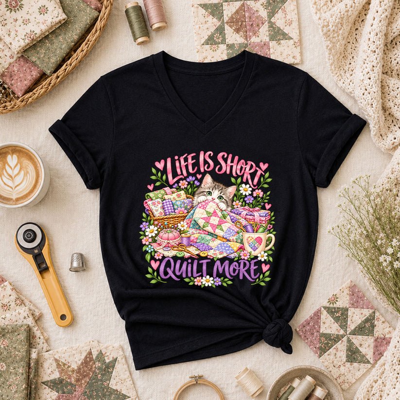 Life Is Short Quilt More Cat Kitten Women's V-Neck - Black