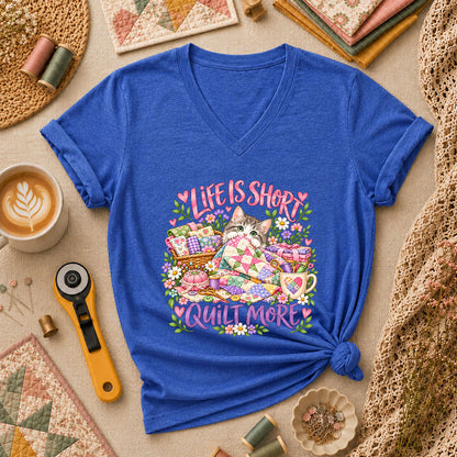 Life Is Short Quilt More Cat Kitten Women's V-Neck - Heather True Royal
