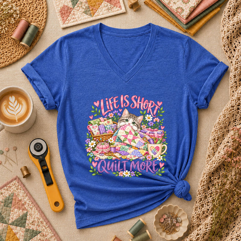 Life Is Short Quilt More Cat Kitten Women's V-Neck - Heather True Royal