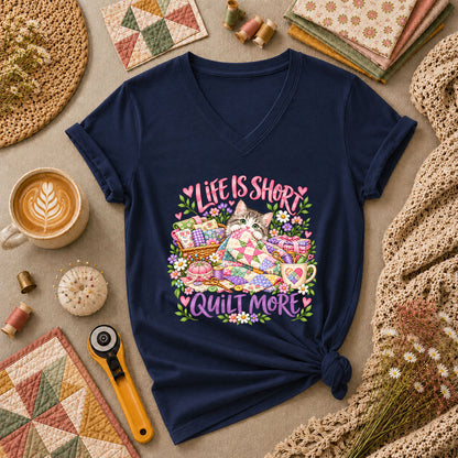Life Is Short Quilt More Cat Kitten Women's V-Neck - Navy