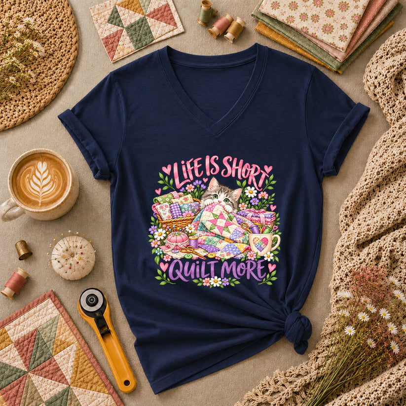 Life Is Short Quilt More Cat Kitten Women's V-Neck - Navy