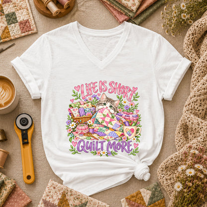 Life Is Short Quilt More Cat Kitten Women's V-Neck - White