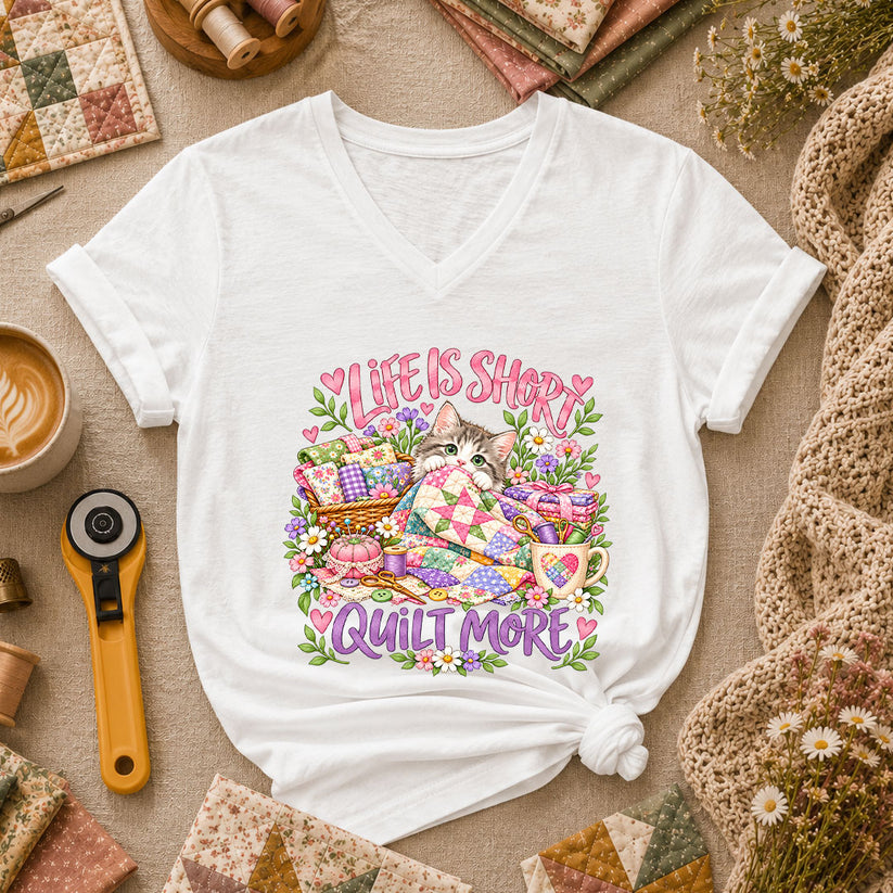 Life Is Short Quilt More Cat Kitten Women's V-Neck - White