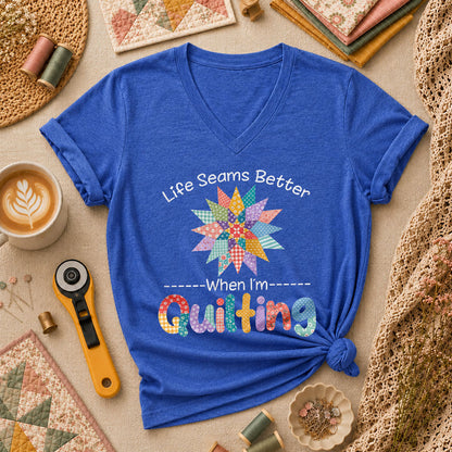 Life Seams Better When I'm Quilting Women's V-Neck - Heather True Royal