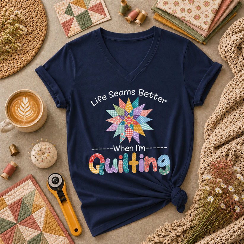 Life Seams Better When I'm Quilting Women's V-Neck - Navy