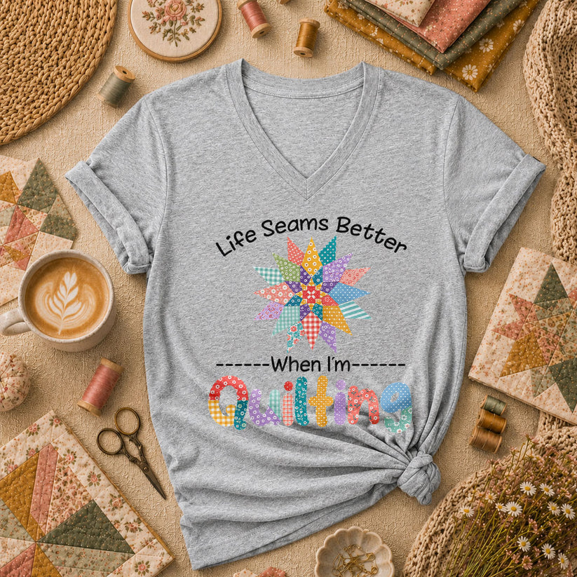 Life Seams Better When I'm Quilting Women's V-Neck - Sport Grey