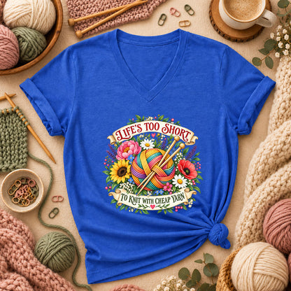 Life's Too Short To Knit With Cheap Yarn Women's V-Neck - Heather True Royal