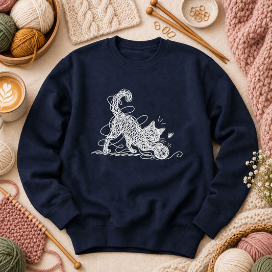 Line Art Cat Playing With Yarn Long Sleeve - Navy
