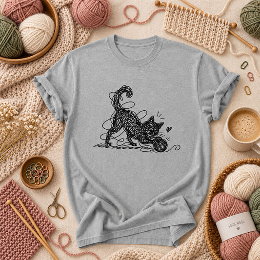 Line Art Cat Playing With Yarn T-Shirt - Athletic Heather