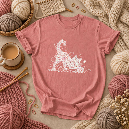 Line Art Cat Playing With Yarn T-Shirt - Heather Mauve