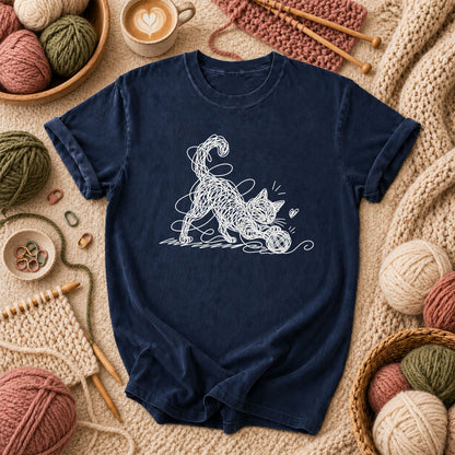 Line Art Cat Playing With Yarn T-Shirt