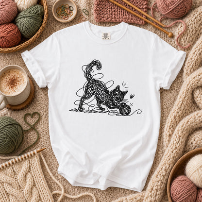 Line Art Cat Playing With Yarn T-Shirt - White