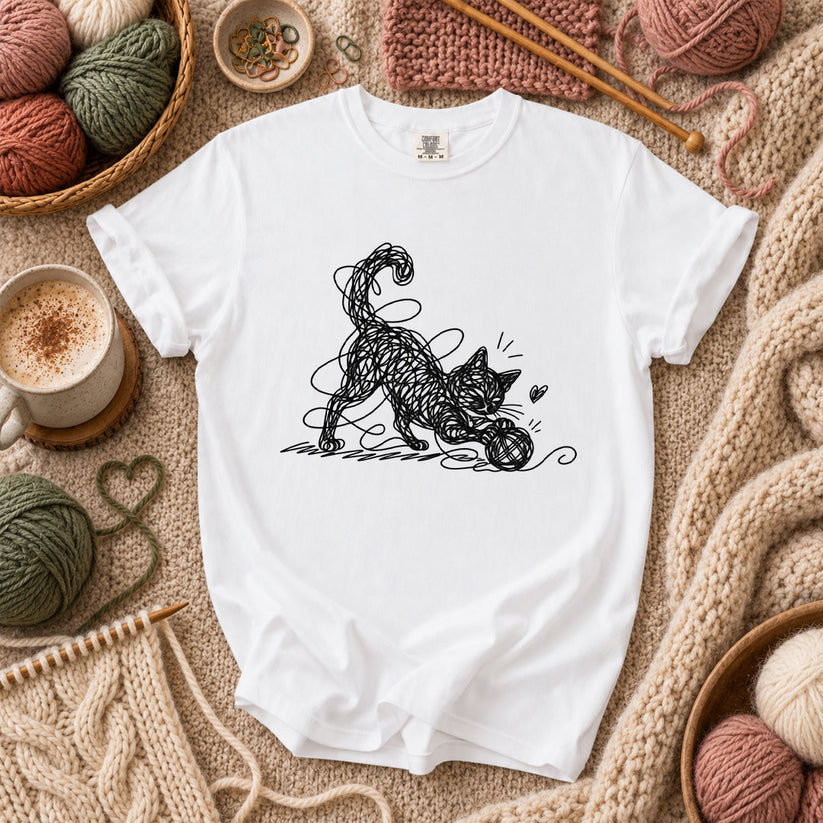 Line Art Cat Playing With Yarn T-Shirt - White
