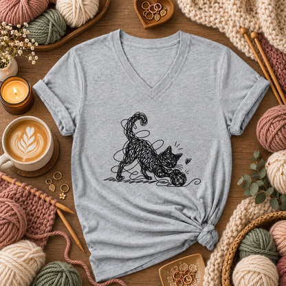 Line Art Cat Playing With Yarn Women's V-Neck - Athletic Heather