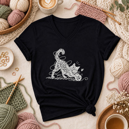 Line Art Cat Playing With Yarn Women's V-Neck - Black
