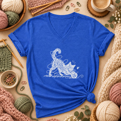 Line Art Cat Playing With Yarn Women's V-Neck - Heather True Royal