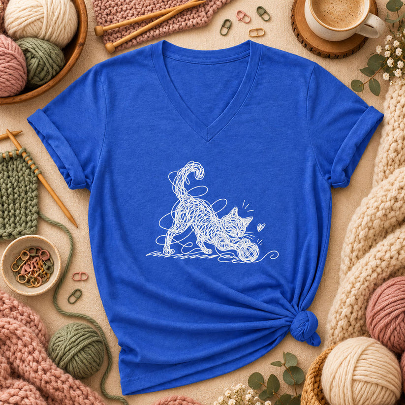 Line Art Cat Playing With Yarn Women's V-Neck - Heather True Royal