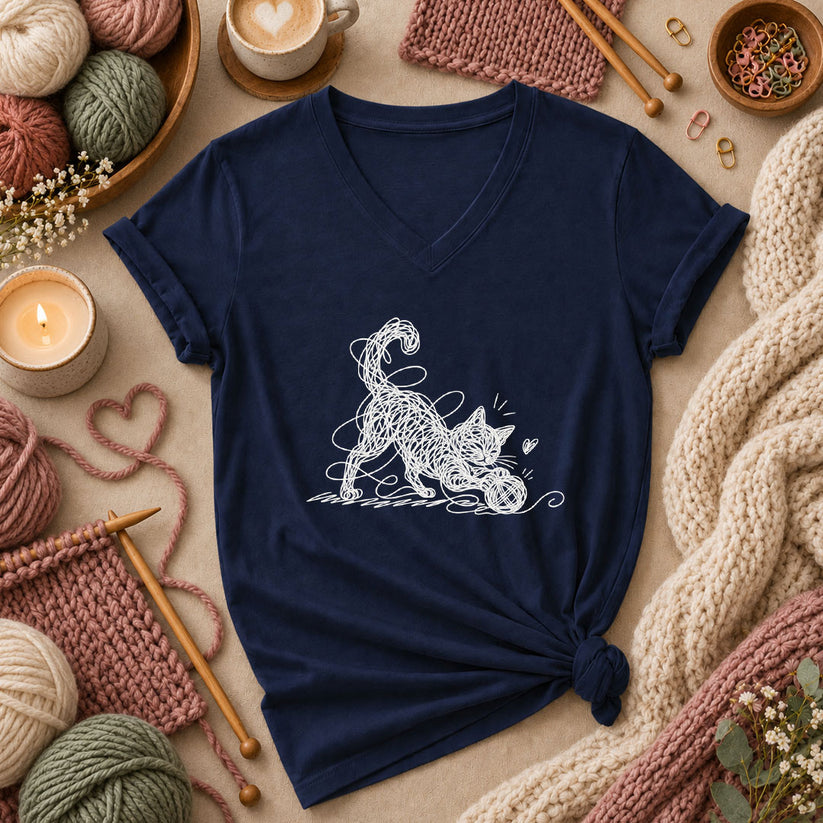 Line Art Cat Playing With Yarn Women's V-Neck - Navy