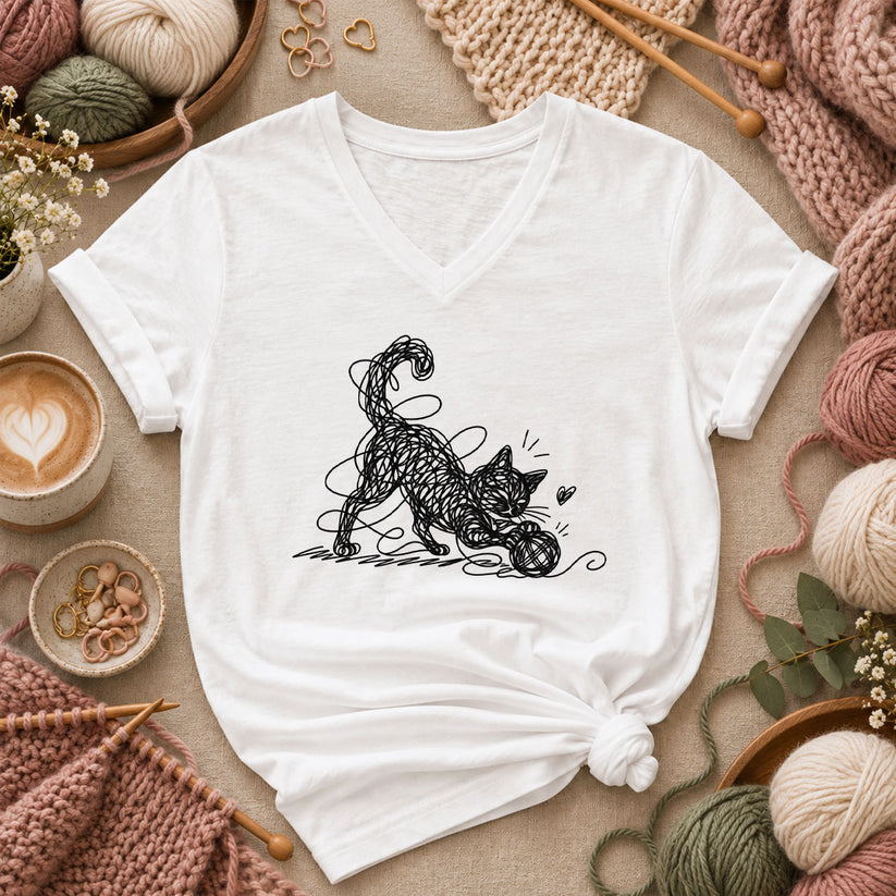 Line Art Cat Playing With Yarn Women's V-Neck - White