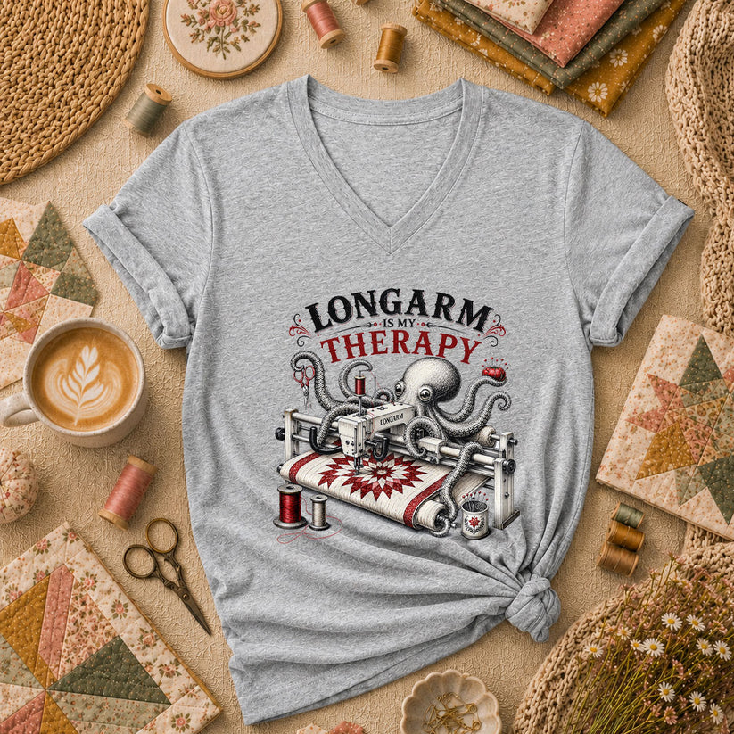 Longarm Is My Therapy Octopus Quilter Women's V-Neck - Athletic Heather